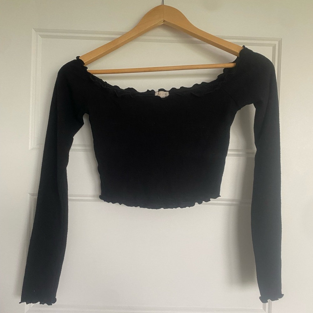 Garage Black Ribbed Off-Shoulder Long-Sleeve Crop Top